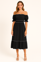 Women's Off-Shoulder Midi Dress with Ruffled Hem – Boho Style – Cotton Blend Black