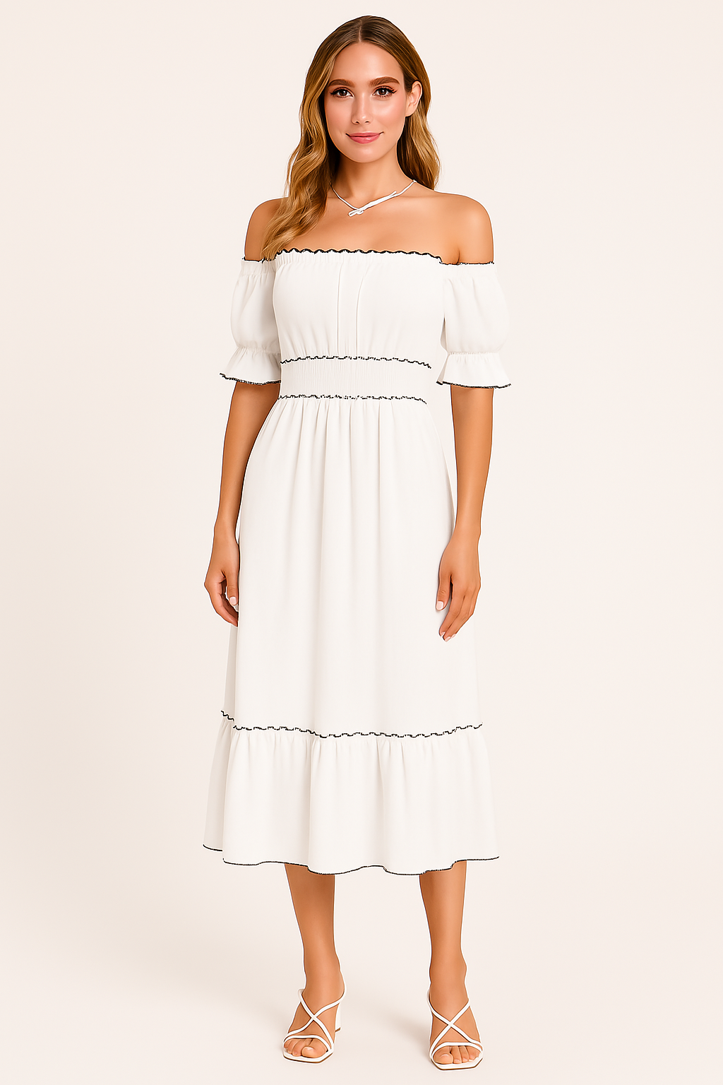 Women's Off-Shoulder Midi Dress with Ruffled Hem – Boho Style – Cotton Blend Apricot