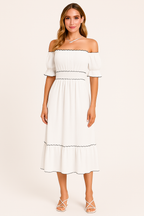 Women's Off-Shoulder Midi Dress with Ruffled Hem – Boho Style – Cotton Blend Apricot