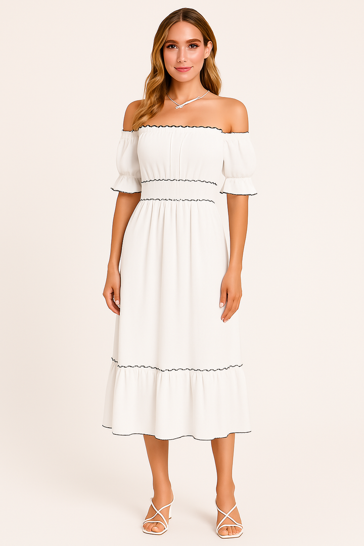 Women's Off-Shoulder Midi Dress with Ruffled Hem – Style – Cotton Blend Apricot