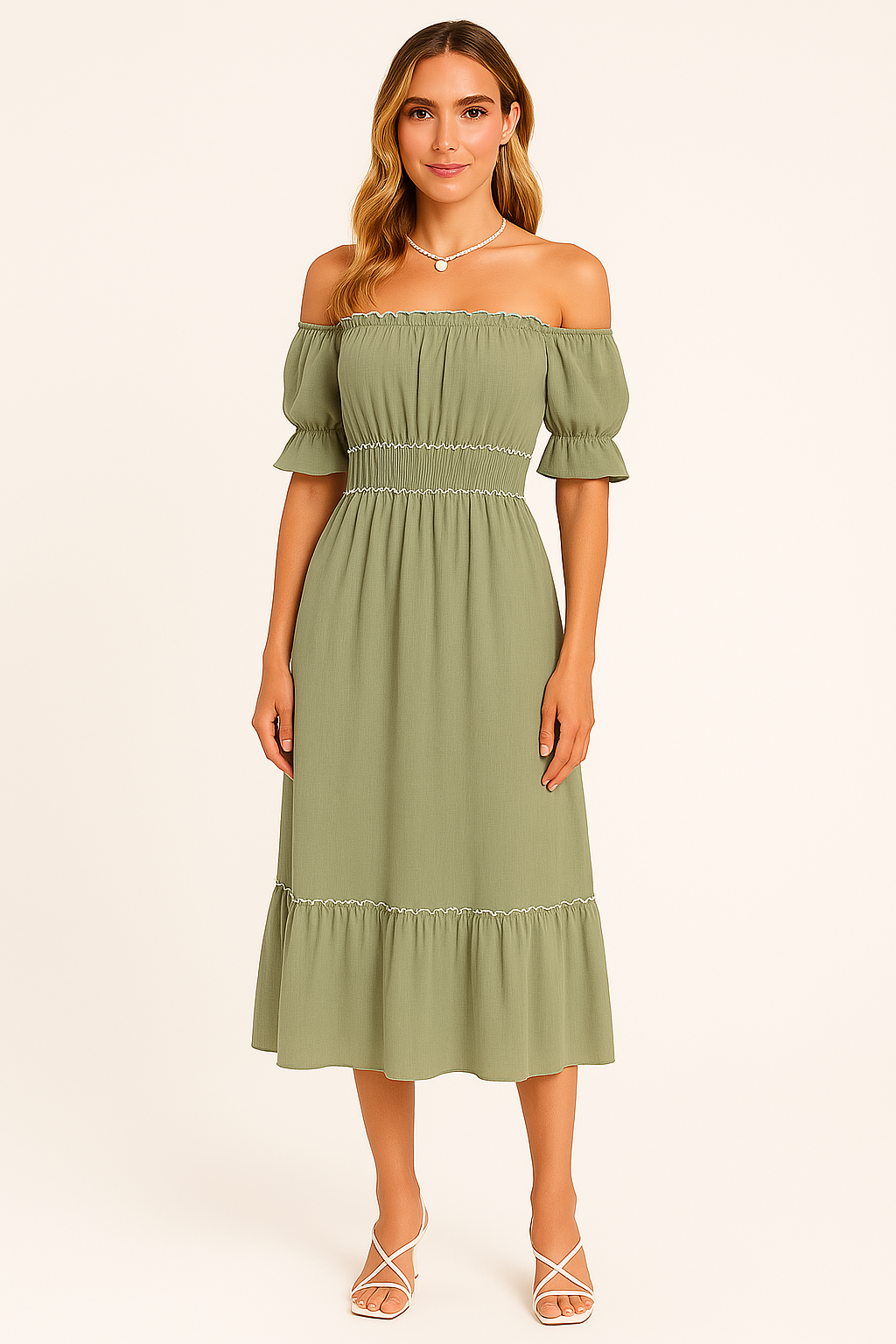 Women's Off-Shoulder Midi Dress with Ruffled Hem – Boho Style – Cotton Blend Green