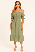 Women's Off-Shoulder Midi Dress with Ruffled Hem – Boho Style – Cotton Blend Green