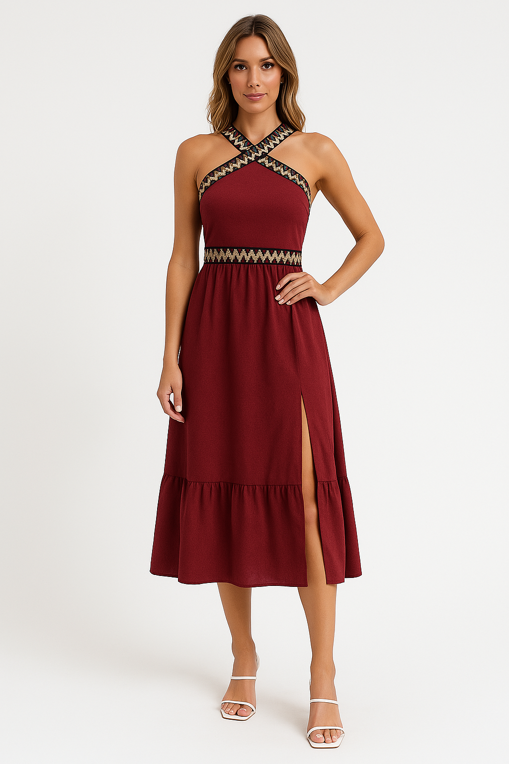 Women's Midi Halter Dress – Figure-Hugging Fit – High Split & Criss-Cross Neckline Red