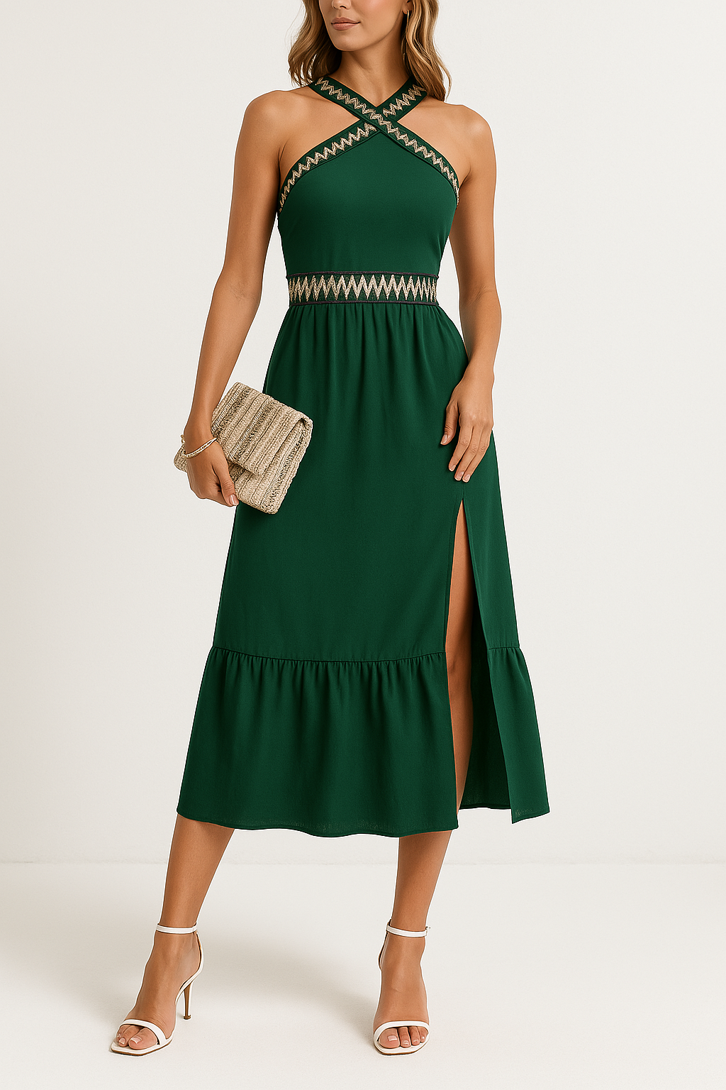 Women's Midi Halter Dress – Figure-Hugging Fit – High Split & Criss-Cross Neckline Green