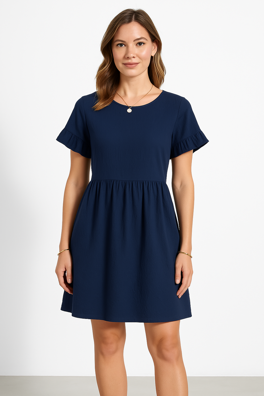 Women's Loose-Fitting Dress – Breathable Fabric – Ruffled Sleeves – Knee Length Navy Blue