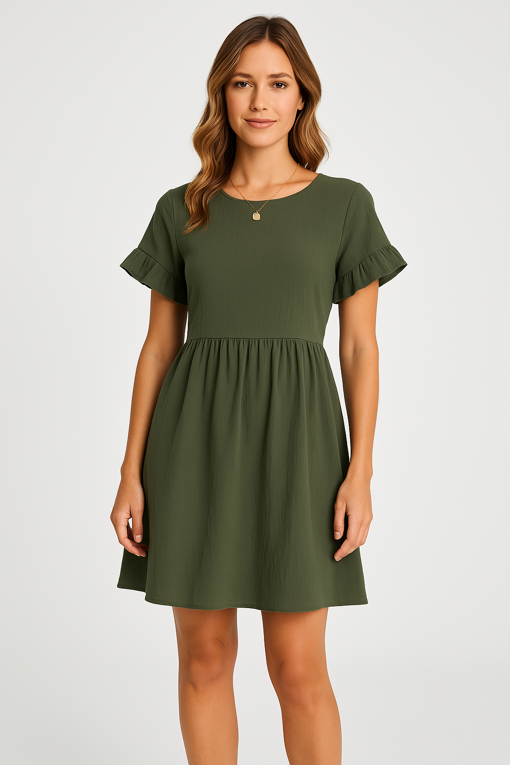Women's Loose-Fitting Dress – Breathable Fabric – Ruffled Sleeves – Knee Length Army Green