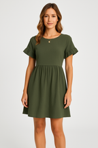 Women's Loose-Fitting Dress – Breathable Fabric – Ruffled Sleeves – Knee Length Army Green
