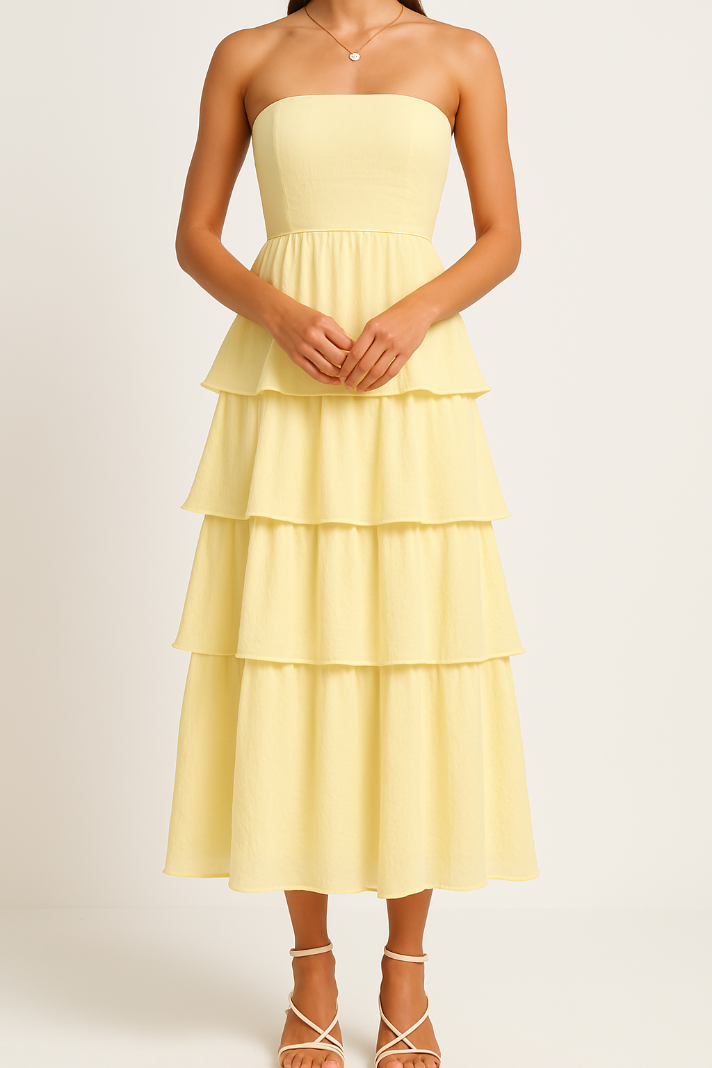 Women's Midi A-Line Strapless Dress with Fitted Bodice and Airy Ruffle Tiers Yellow