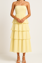 Women's Midi A-Line Strapless Dress with Fitted Bodice and Airy Ruffle Tiers Yellow