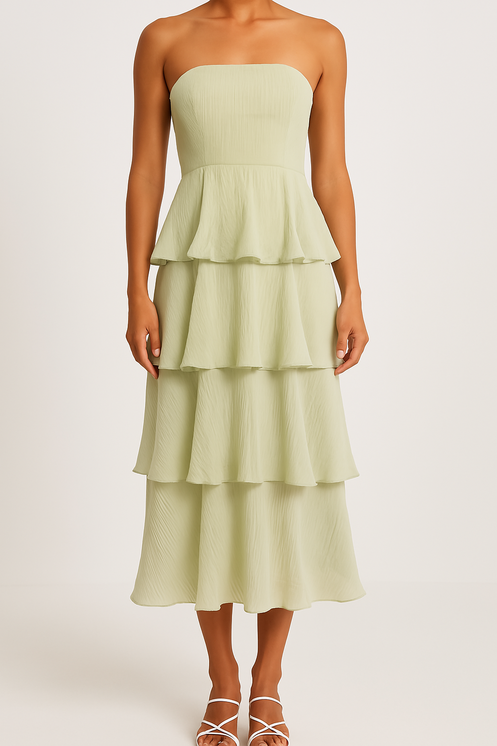 Women's Midi A-Line Strapless Dress with Fitted Bodice and Airy Ruffle Tiers Light Green