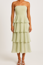 Women's Midi A-Line Strapless Dress with Fitted Bodice and Airy Ruffle Tiers Light Green