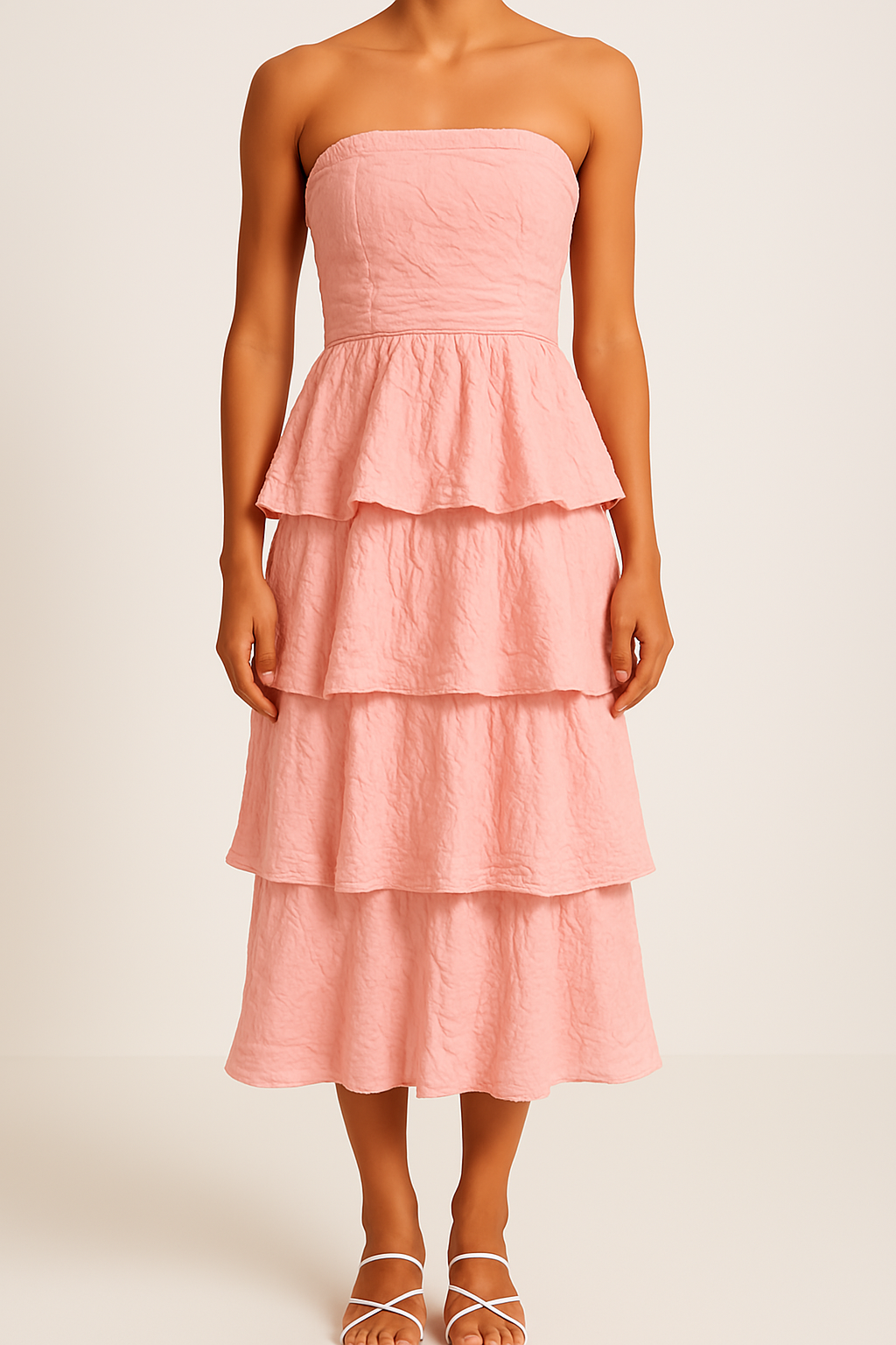 Women's Midi A-Line Strapless Dress with Fitted Bodice and Airy Ruffle Tiers Pink