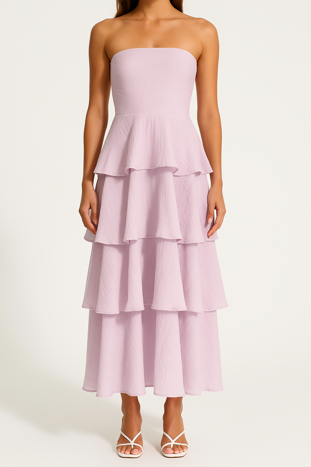 Women's Midi A-Line Strapless Dress with Fitted Bodice and Airy Ruffle Tiers Light Purple