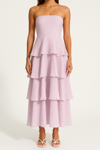 Women's Midi A-Line Strapless Dress with Fitted Bodice and Airy Ruffle Tiers Light Purple