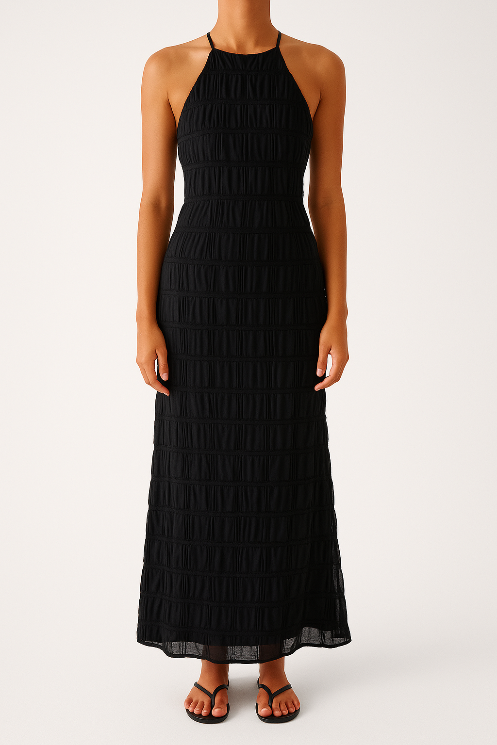 Women's Ruffled Halter Neck Maxi Dress – Figure-Hugging Open Back Eveningwear Black