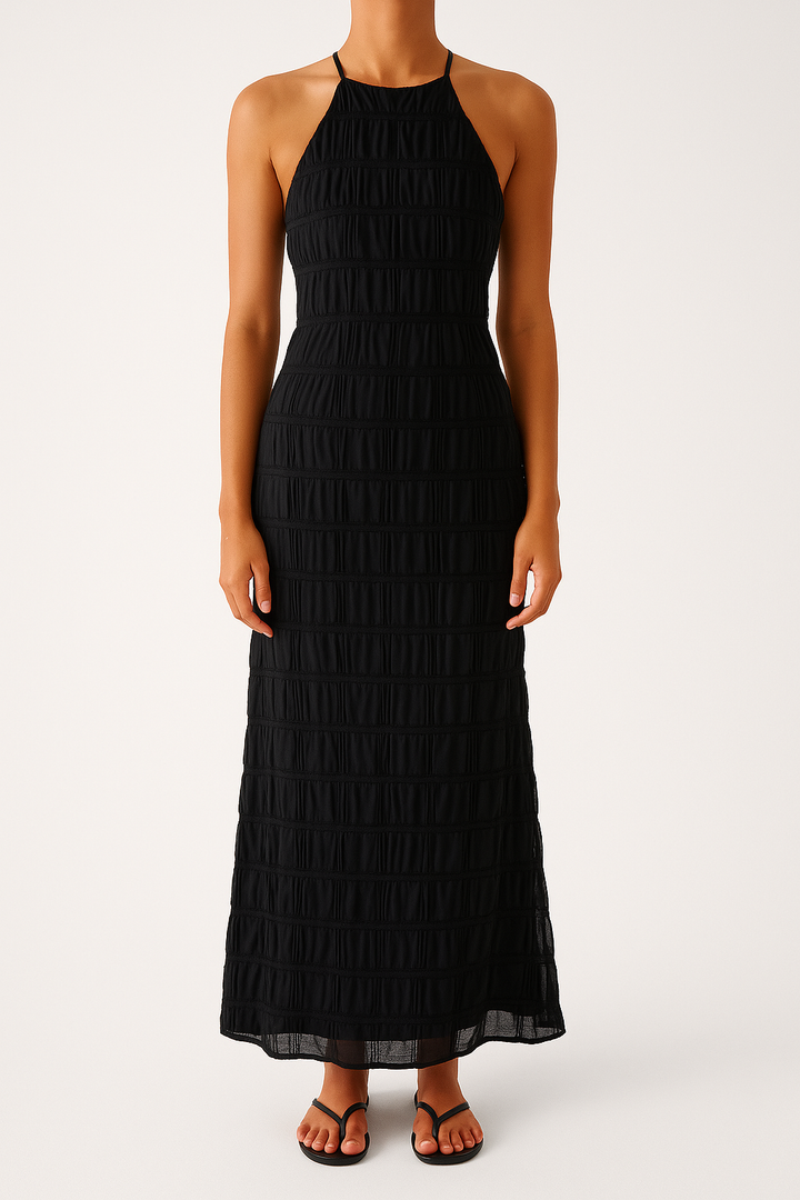 Women's Ruffled Halter Neck Maxi Dress – Figure-Hugging Open Back Eveningwear Black