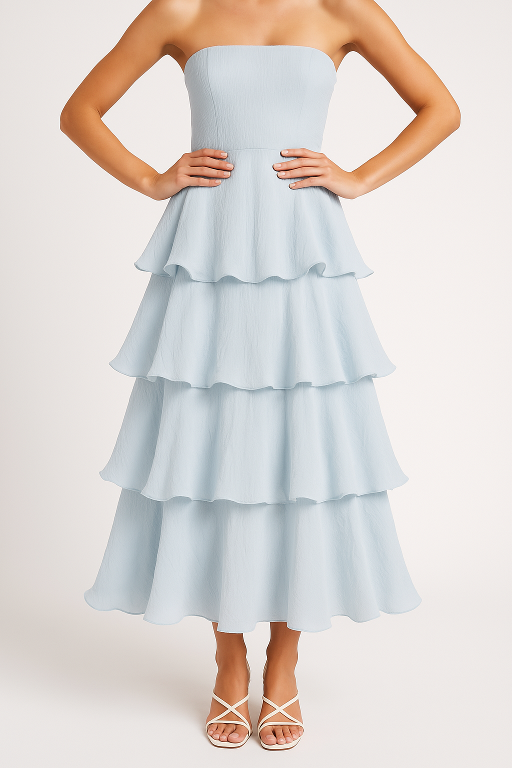Women's Midi A-Line Strapless Dress with Fitted Bodice and Airy Ruffle Tiers Light Blue