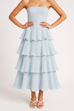 Women's Midi A-Line Strapless Dress with Fitted Bodice and Airy Ruffle Tiers Light Blue