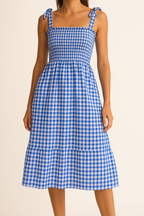 Women's Slim Fit Midi Dress – Checked Print – Smocked Bodice – Tie Strap Shoulders Blue