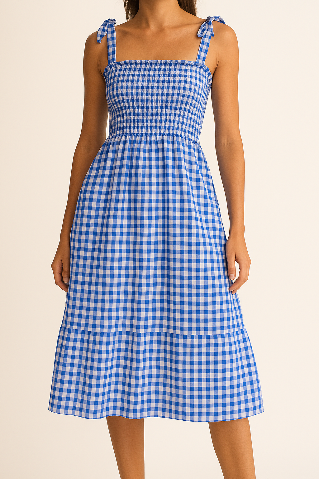 Women's Slim Fit Midi Dress – Checked Print – Smocked Bodice – Tie Strap Shoulders Blue