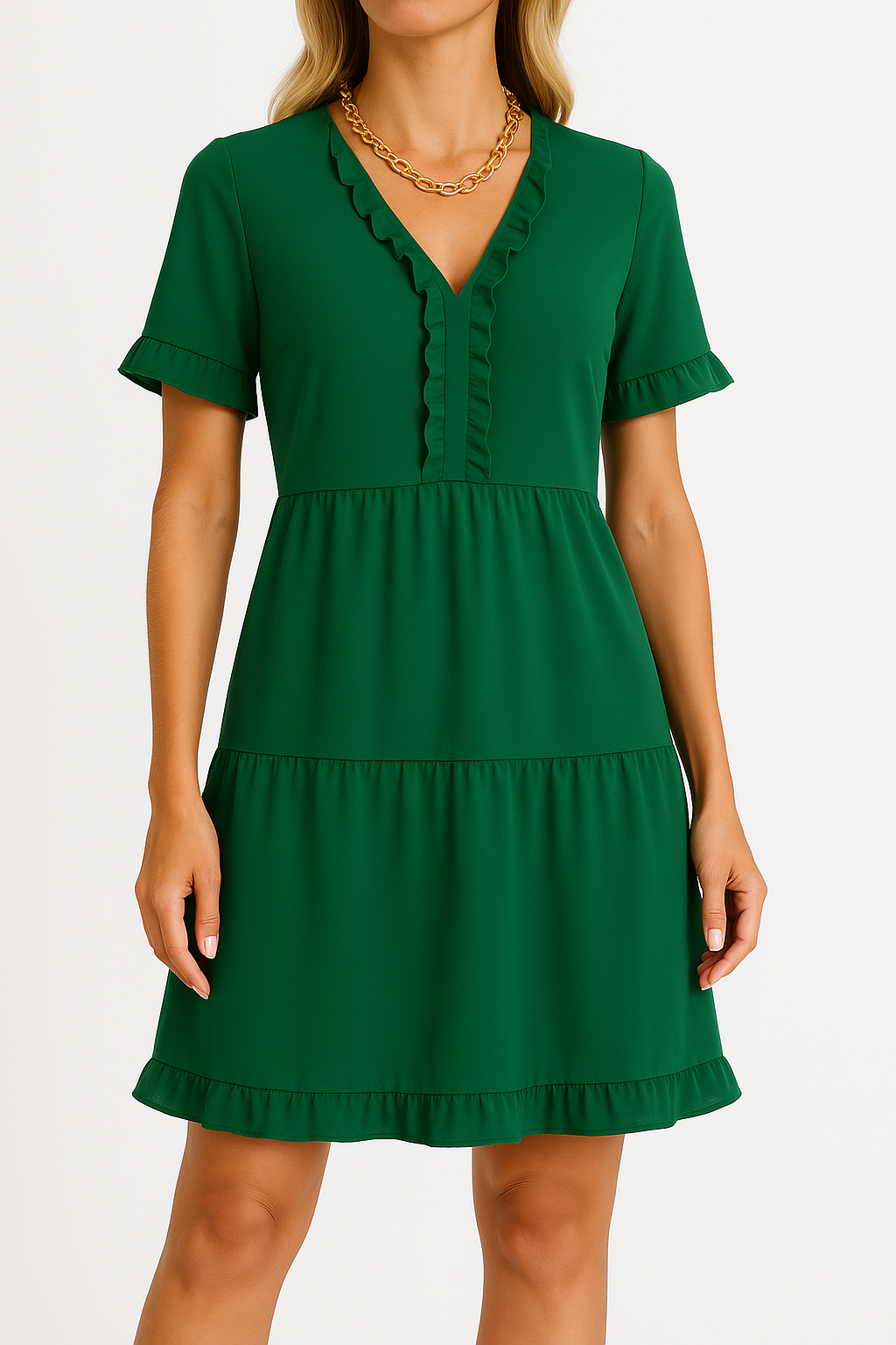 Women's Lightweight A-line Dress with V-neck, Ruffles, and Short Sleeves Green