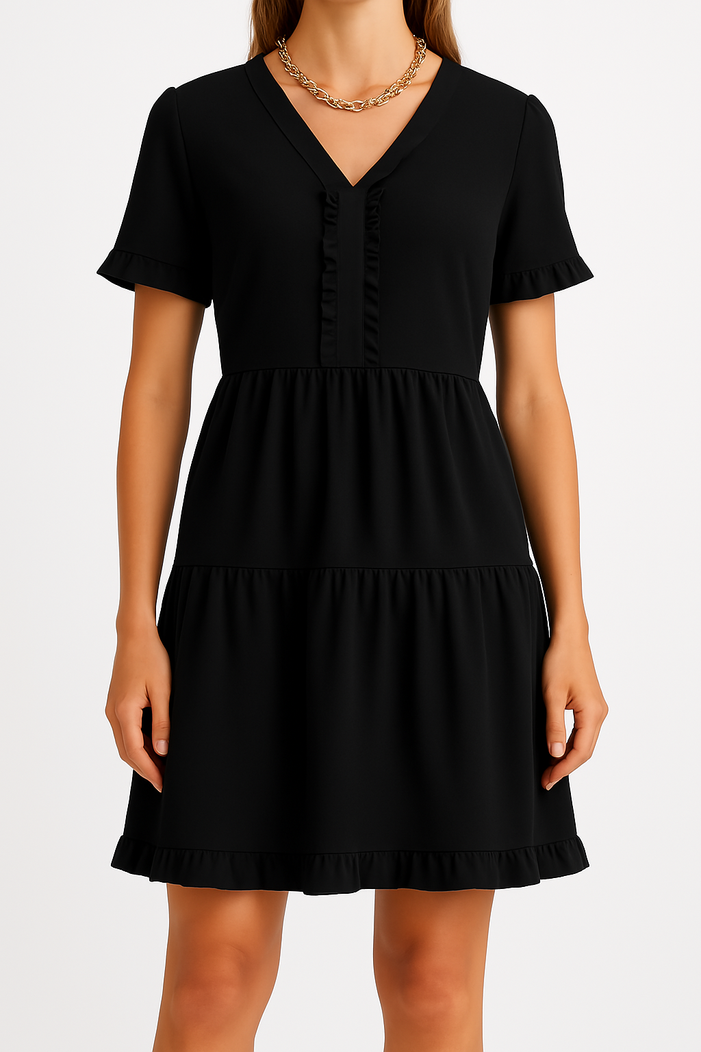 Women's Lightweight A-line Dress with V-neck, Ruffles, and Short Sleeves Black