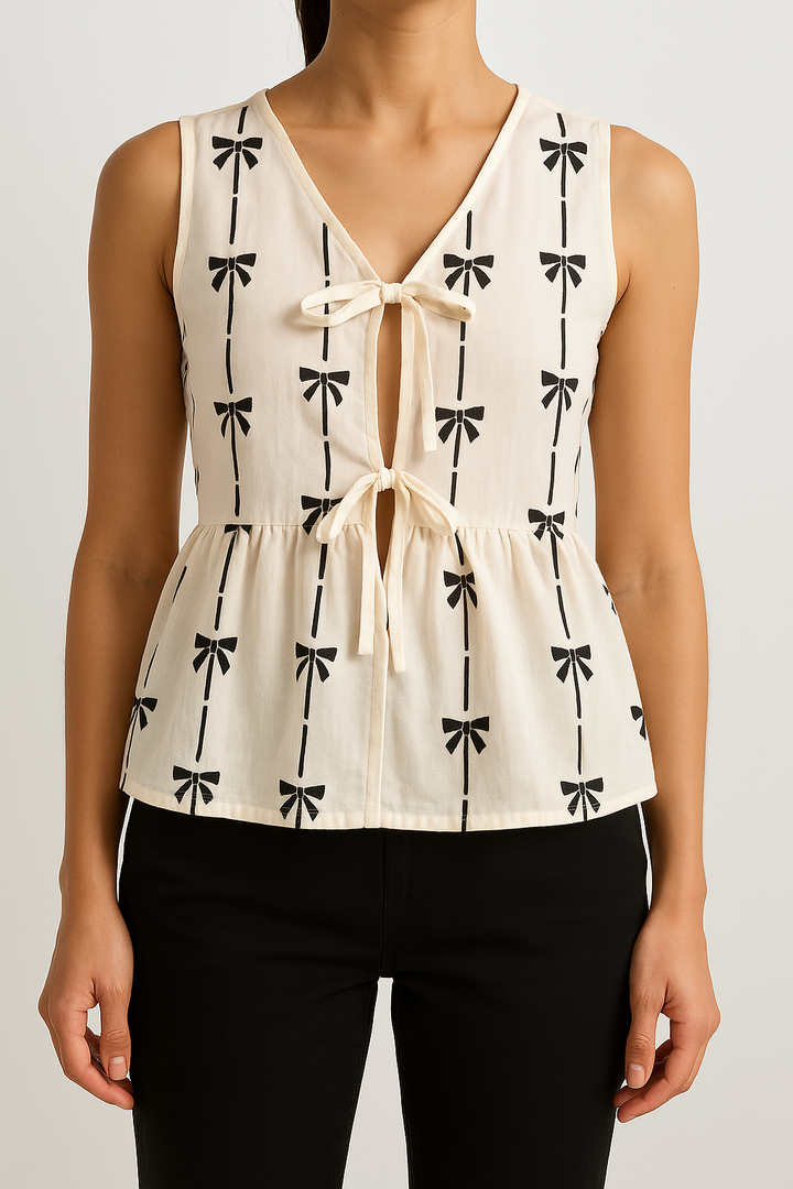 Women's Sleeveless Blouse – Relaxed Fit – V-Neck – Lightweight & Breathable with Tie Detail White