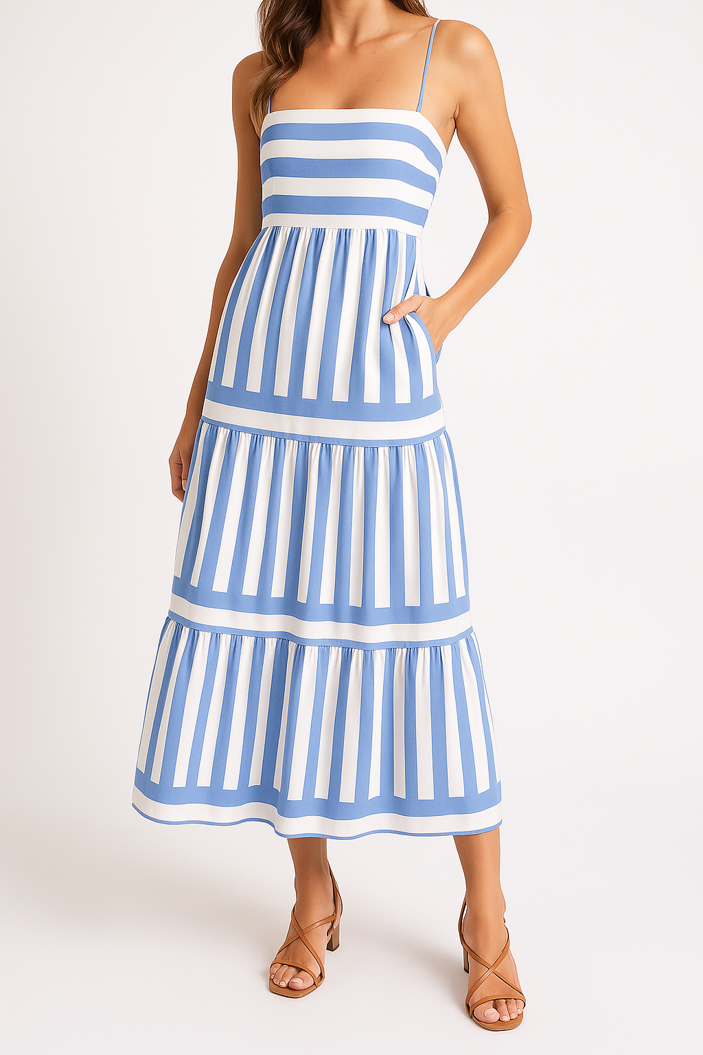 Women's A-Line Striped Cotton Summer Dress with Spaghetti Straps White Blue