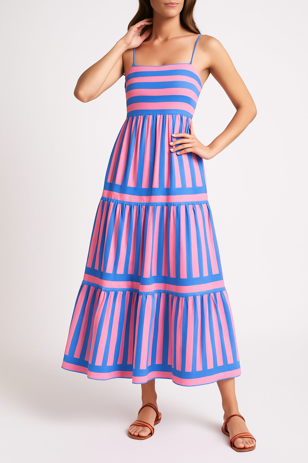 Women's A-Line Striped Cotton Summer Dress with Spaghetti Straps Pink Blue