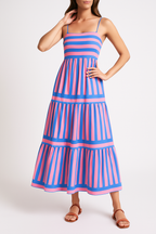 Women's A-Line Striped Cotton Summer Dress with Spaghetti Straps Pink Blue