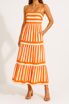 Women's A-Line Striped Cotton Summer Dress with Spaghetti Straps Orange