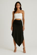 Women's Elegant Midi Skirt – Ruched Waist – Asymmetrical Hem – Luxe Fabric Black