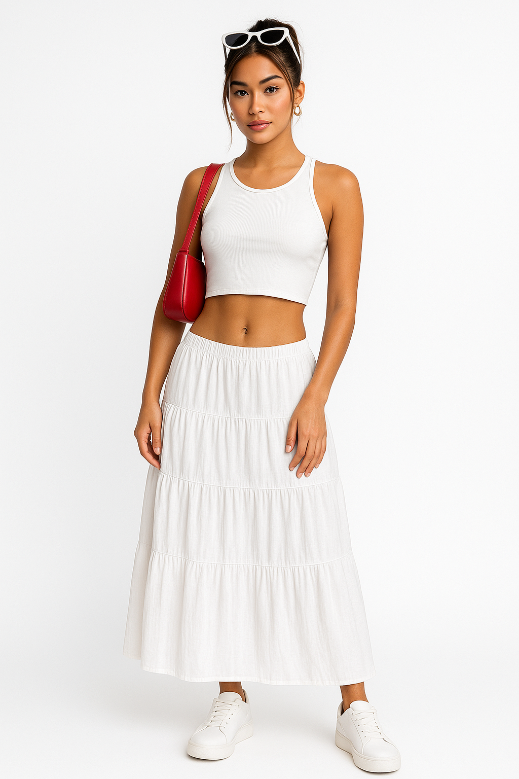 Women's A-line Maxi Skirt with Layered Ruffles and Drawstring Waist White