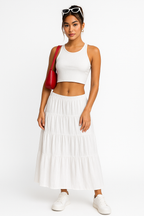 Women's A-line Maxi Skirt with Layered Ruffles and Drawstring Waist White