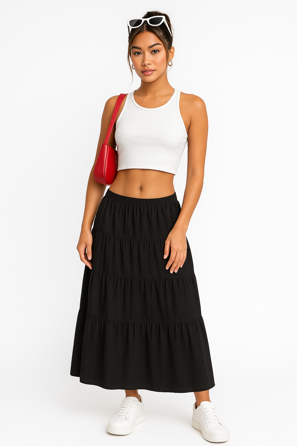 Women's A-line Maxi Skirt with Layered Ruffles and Drawstring Waist Black