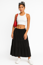 Women's A-line Maxi Skirt with Layered Ruffles and Drawstring Waist Black