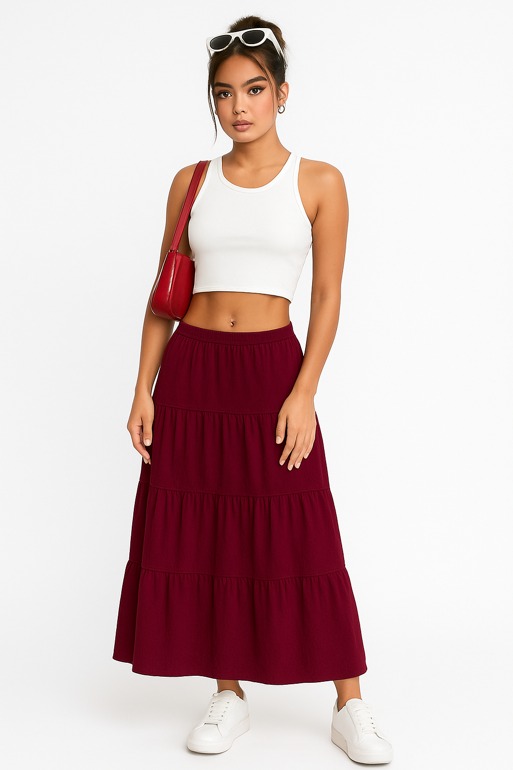 Women's A-line Maxi Skirt with Layered Ruffles and Drawstring Waist Red