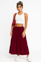 Women's A-line Maxi Skirt with Layered Ruffles and Drawstring Waist Red