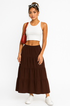 Women's A-line Maxi Skirt with Layered Ruffles and Drawstring Waist Coffee