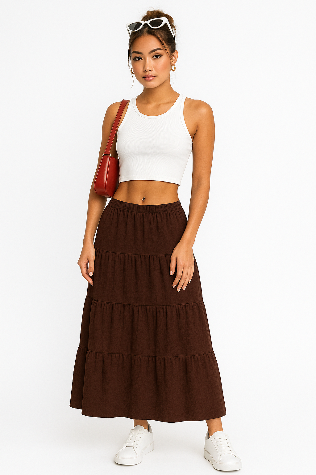 Women's A-line Maxi Skirt with Layered Ruffles and Drawstring Waist Coffee