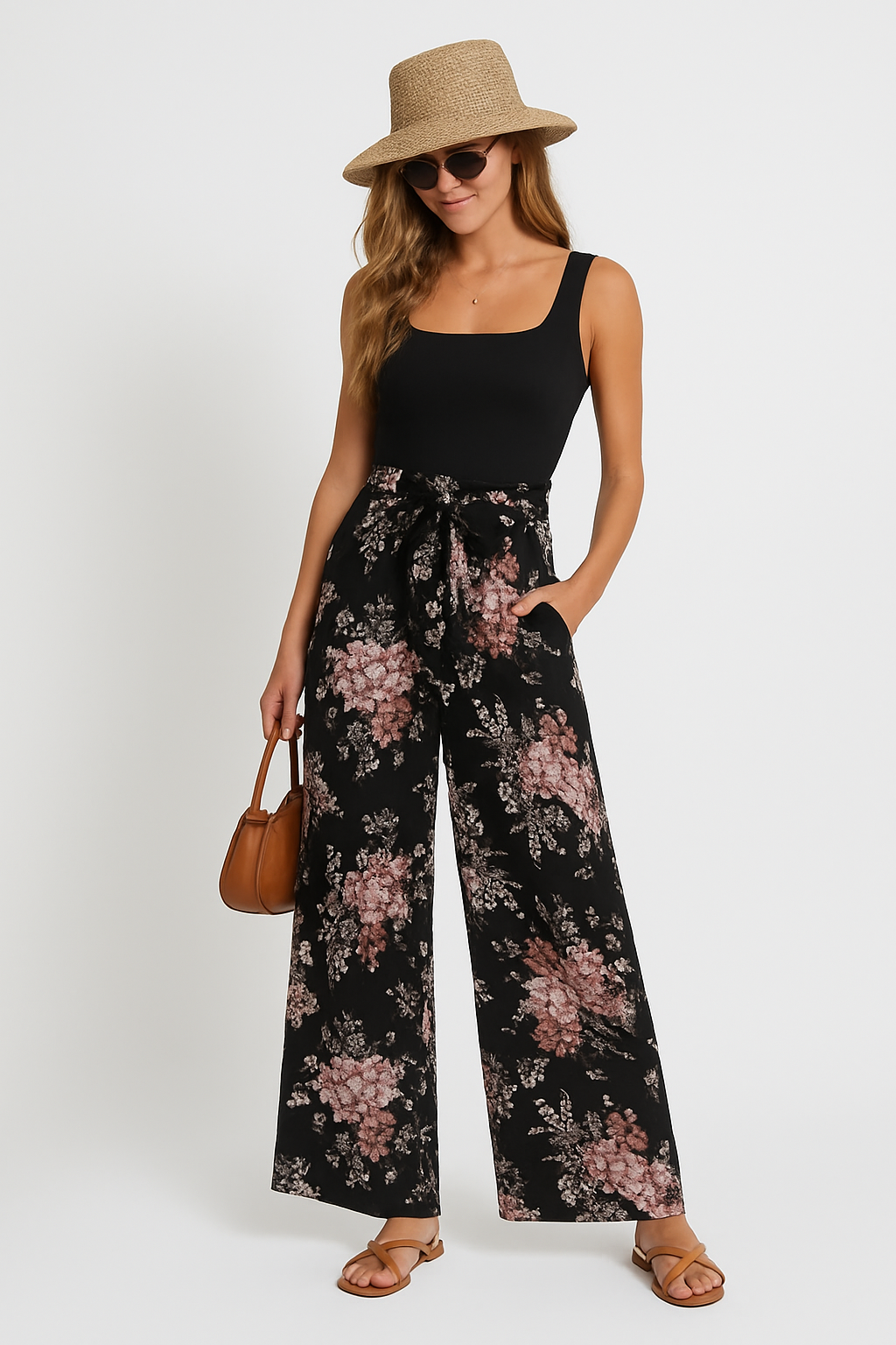 Women's Floral Print Sleeveless Jumpsuit – Relaxed Fit with Waistband – Full Length Black