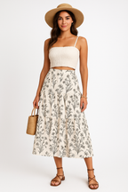 Women's Floral Print Midi Skirt – Elastic Waist – Airy Layers – Comfortable Fit White
