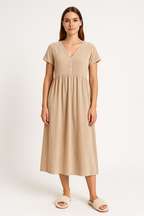 Women's Loose Fit Midi Dress – V-Neck, Button Detail, Short Sleeve – Linen Cotton Apricot