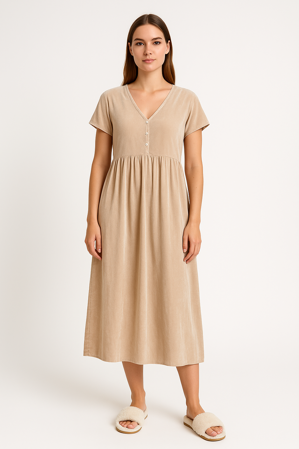 Women's Loose Fit Midi Dress – V-Neck, Button Detail, Short Sleeve – Linen Cotton Apricot
