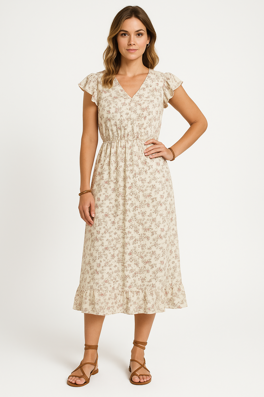 Women's V-Neck Midi Dress with Butterfly Sleeves and Ruffled Hem - Relaxed Fit White