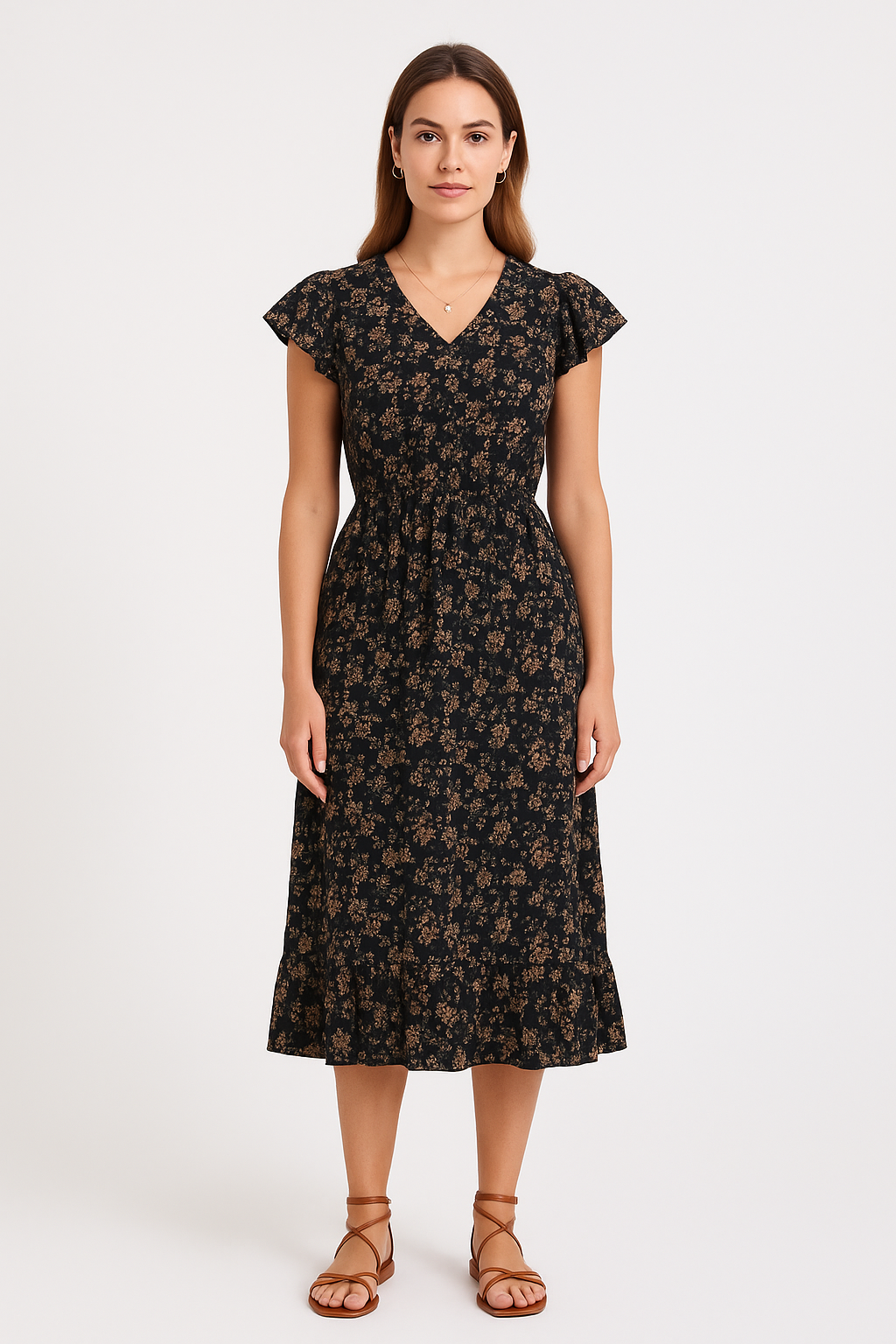 Women's V-Neck Midi Dress with Butterfly Sleeves and Ruffled Hem - Relaxed Fit Black