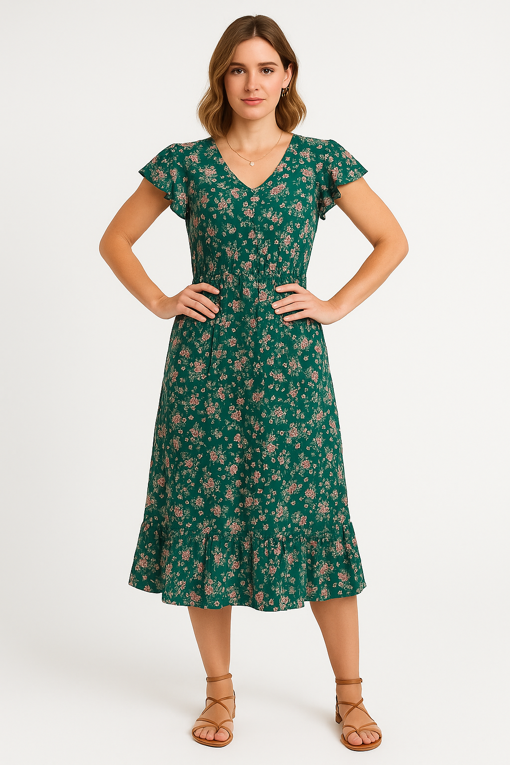 Women's V-Neck Midi Dress with Butterfly Sleeves and Ruffled Hem - Relaxed Fit Green