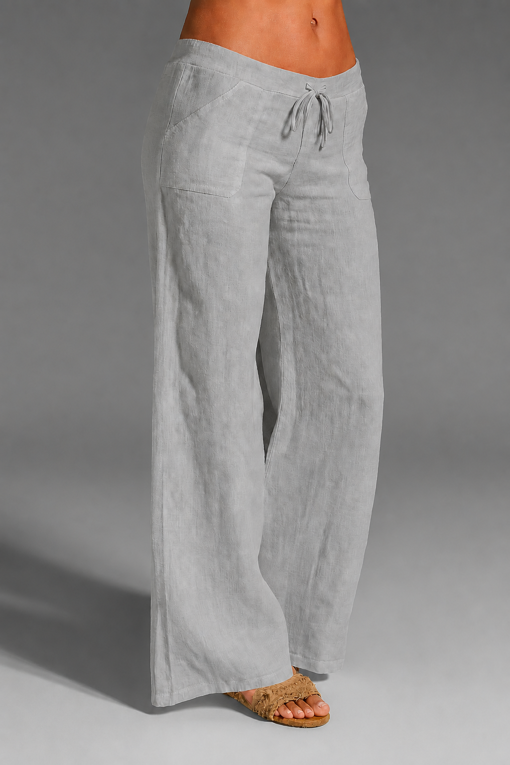 Women's Relaxed Wide Leg Linen Trousers with Drawstring Waist Grey