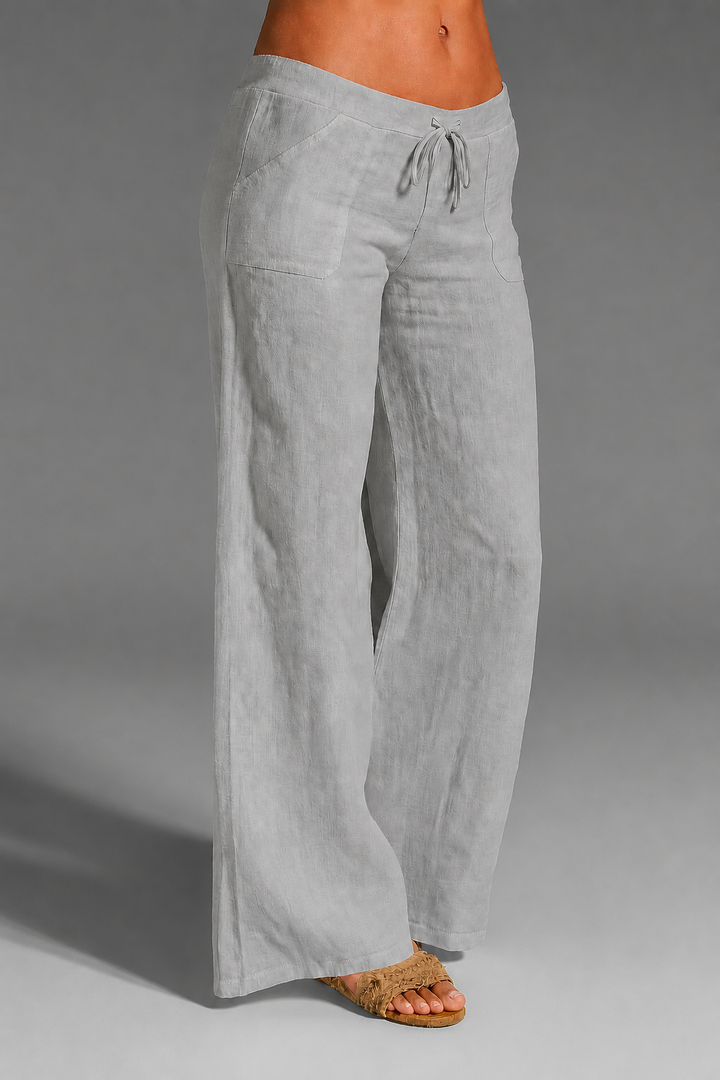Women's Relaxed Wide Leg Linen Trousers with Drawstring Waist Grey
