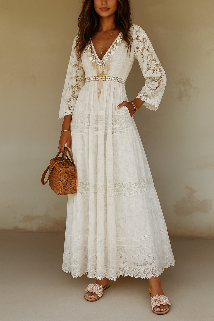 Boho Maxi Dress | Women's Floral Print Long Dress White